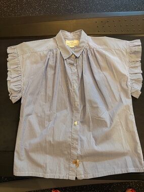 Trovata White and Blue Pinstripe Ruffle Sleeve Shirt